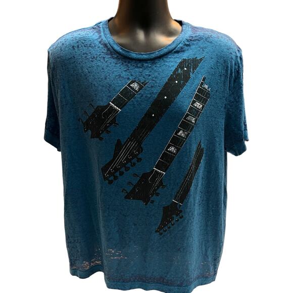 Hybrid Apparel Men’s XL Blue Graphic T-Shirt Distressed Guitar Neck Rock Music - Picture 1 of 7